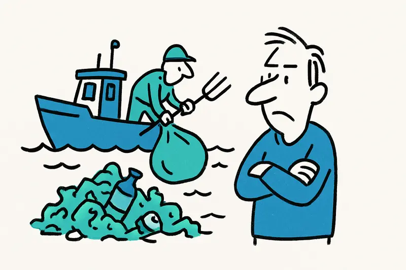 Spezialboot lädt gesammelten Plastik- und Treibgut an Bord vor Mallorcas Küste.