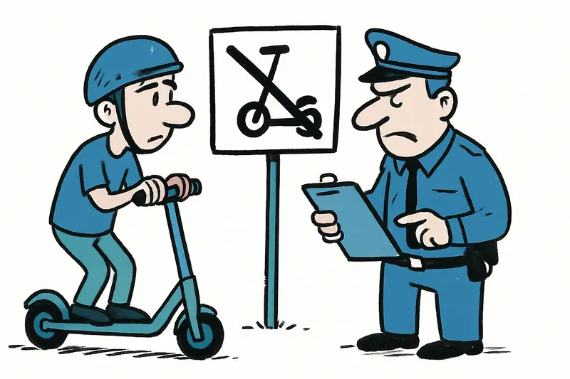 E‑Scooter mit Helm an Straßenrand vor urbaner Kulisse in Alcúdia, Symbol für neue Verkehrsregeln.