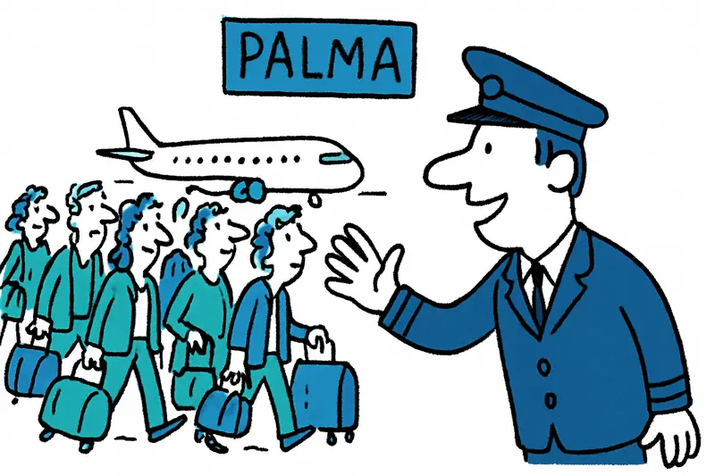 Terminal del aeropuerto de Palma con muchos pasajeros y un avión en pista, reflejando récord de 3,08 millones en abril.