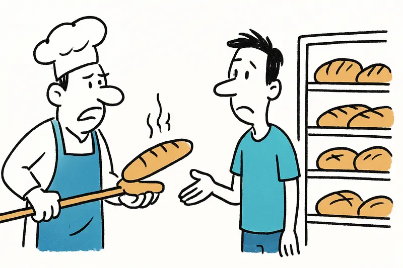 Baker in a Balearic bakery arranging loaves at 4 a.m., lone worker behind an otherwise empty counter.