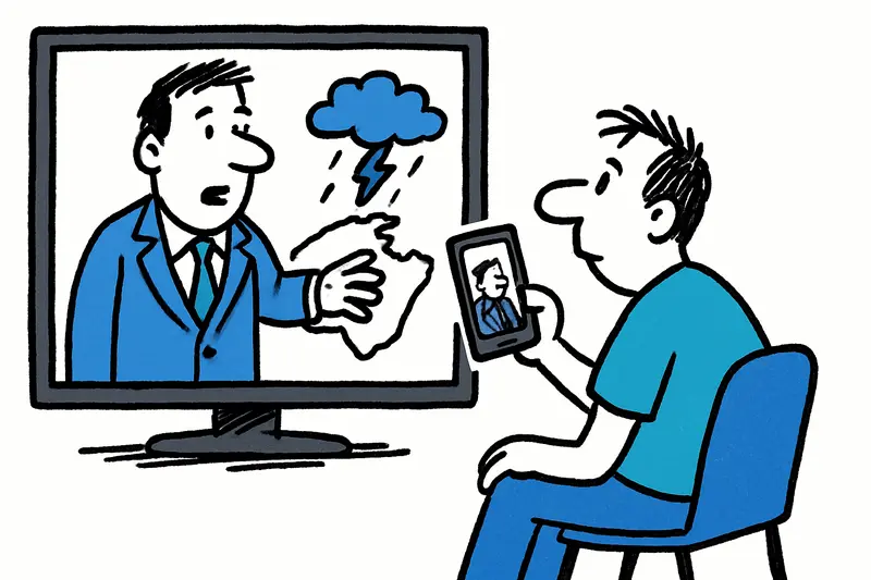 Meteorólogo aficionado joven en Palma presentando pronóstico del tiempo junto a un mapa