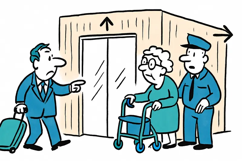 Reisende mit Rollkoffern gehen an provisorischen Holzwänden und gesperrten Fahrstuhlbereichen am Flughafen Palma vorbei.