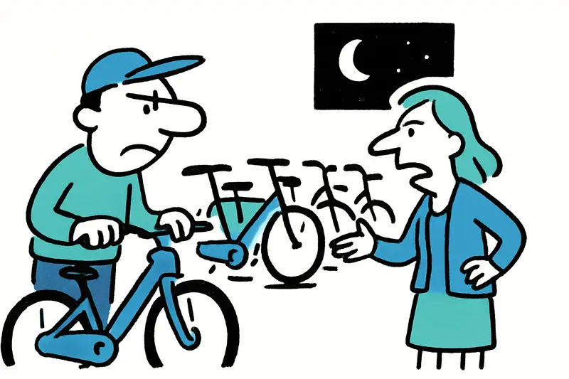 Mehrere BiciPalma-Leihräder nachts an einer Straße in Palma geparkt, beleuchtet von Straßenlaternen.