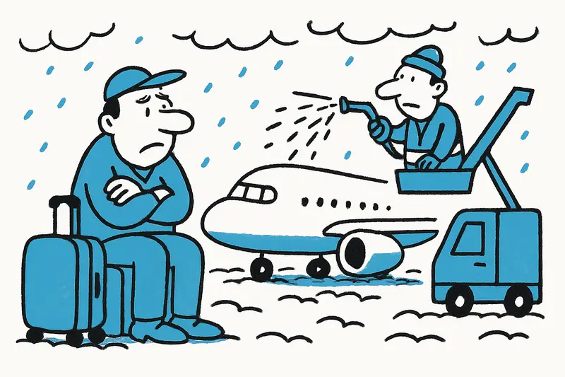 Passengers waiting inside an airport as a snow-covered plane is de-iced on the tarmac