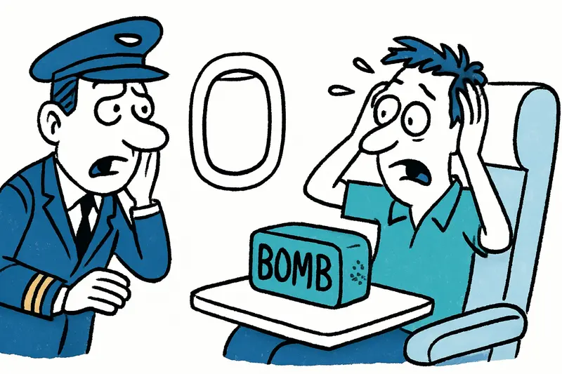 Passagier hält Bluetooth-Lautsprecher mit Aufkleber 'BOMB' an Bord eines Flugzeugs
