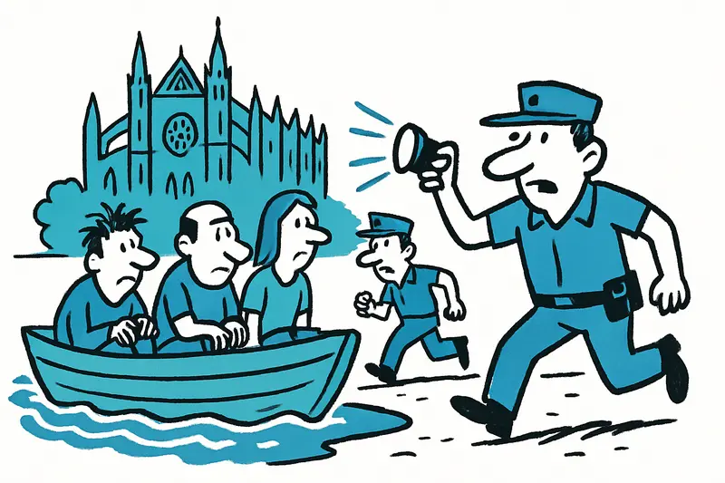 Pequeña embarcación de refugiados desembarcando en la playa urbana cerca de la catedral de Palma.