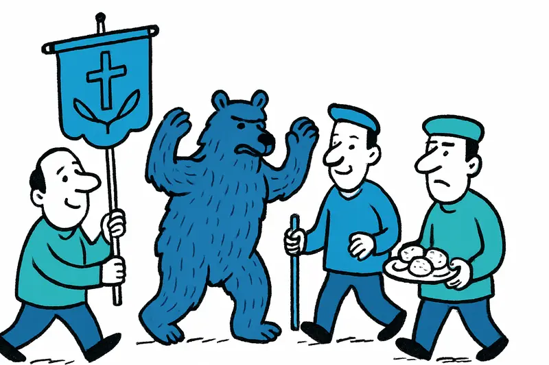 Dorfbewohner in Campos beim Bärentanz und rauchfreier Wallfahrt, dazu Panets und geweihte Öle.