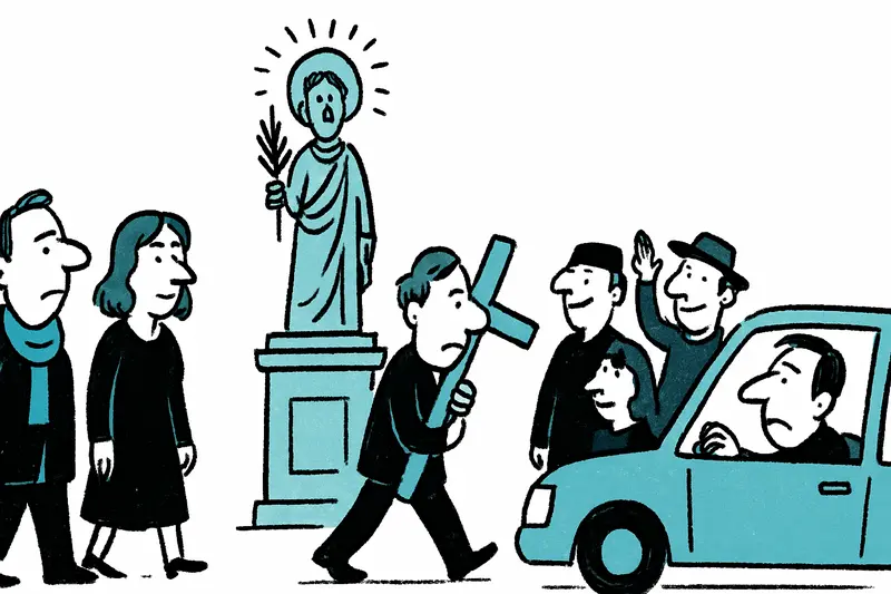 People dressed in black gathered at Palma's town hall square for Día de la Pesta procession.