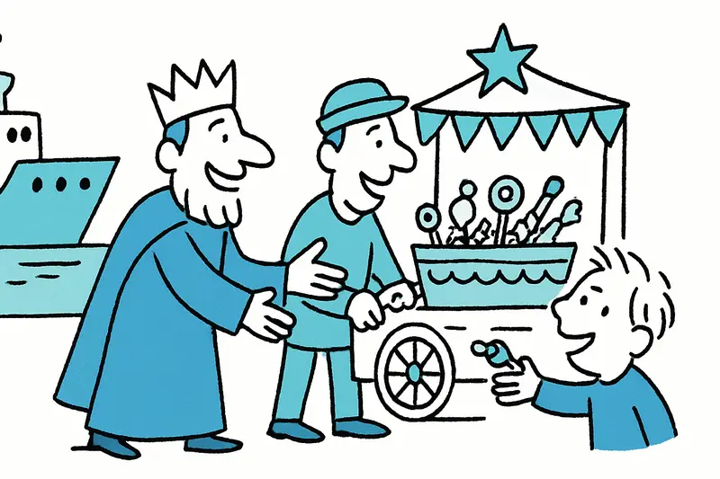 Three Kings parade in Palma with decorated floats arriving at the harbor as people gather to collect sweets