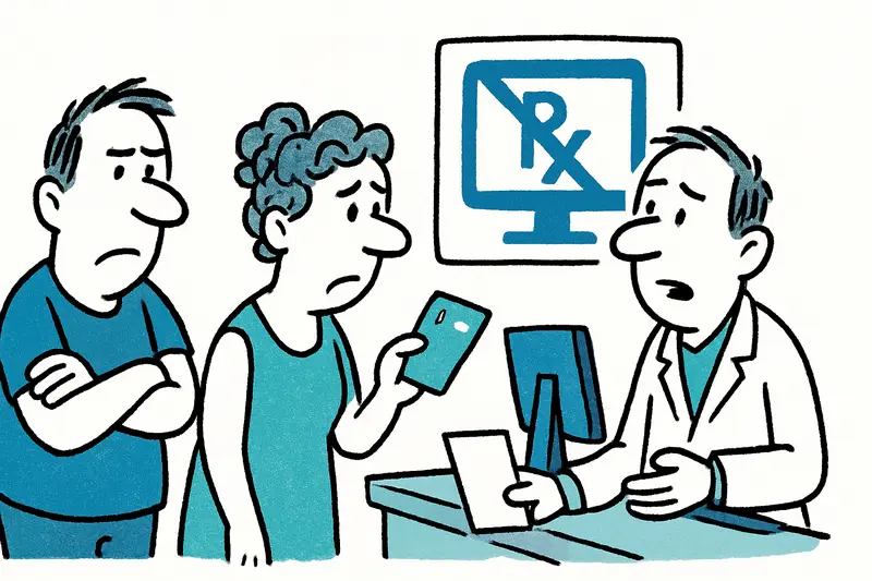 Person hält elektronische Gesundheitskarte vor einer Apotheke; E‑Rezept-Ausfall am Wochenende.