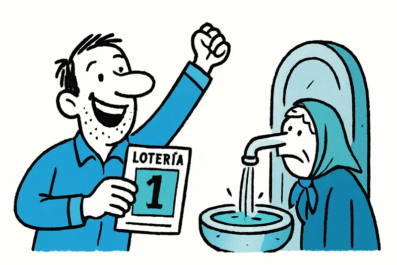 Lächelnder Gewinner mit dem El‑Niño‑Los am Brunnen in Sóller