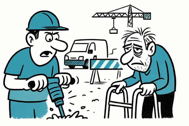 Construction machinery and barriers crowd a narrow El Terreno residential street, dust rising and lanes closed.