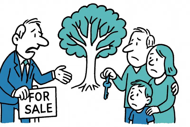 Stilisierte Familienbaum-Grafik neben Häusern auf einer Balearen-Karte, symbolisiert Erbschaften und Wohnungseigentum.