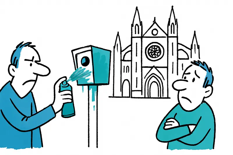 Mit bunter Farbe besprühter Blitzer gegenüber der Kathedrale in Palma, Kameralinse teilweise verdeckt.
