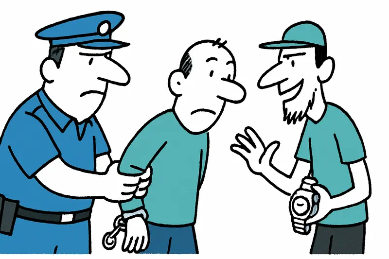 Polizeibeamte führen einen in Handschellen festgenommenen Verdächtigen vor einem Streifenwagen.