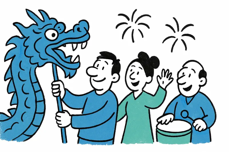 Bunte Drachentänzer und Feiernde bei chinesischem Neujahrsumzug in Pere Garau, Palmas Straßen, Musik und Laternen.