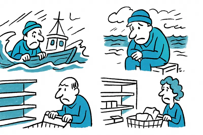 Mallorcas Fischer am sturmgepeitschten Hafen, leere Kisten am Kai