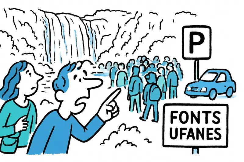 Sprudelnde Fonts Ufanes: Besucher auf Wanderweg neben nassen Felsen und fließendem Quellwasser