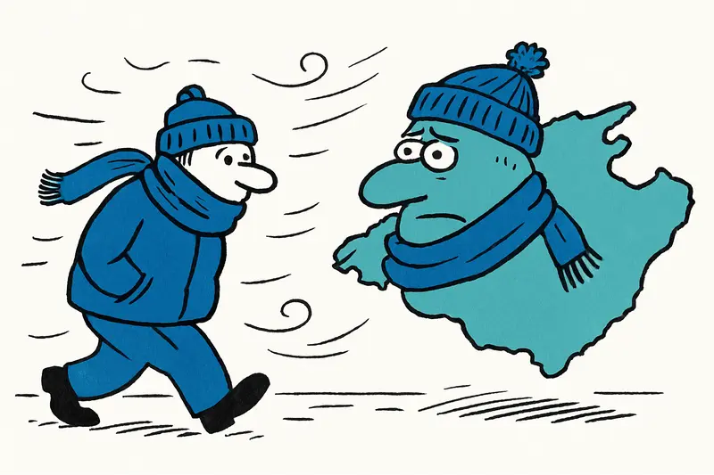 Mallorca coastline with rough seas and dark storm clouds signaling severe cold and wind warnings.