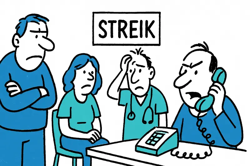 Pasillo de clínica vacío y teléfonos sonando, simbolizando cancelaciones y colapso por la huelga de médicos en Baleares