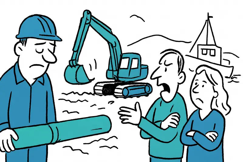 Harbor construction in Port d’Andratx with excavators, exposed pipes and barriers for sewer system renewal.