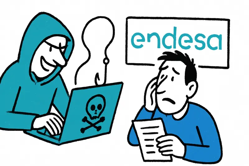 Endesa-Logo vor rotem Warnsymbol und stilisierter Mallorca-Karte weist auf Datenleck hin.