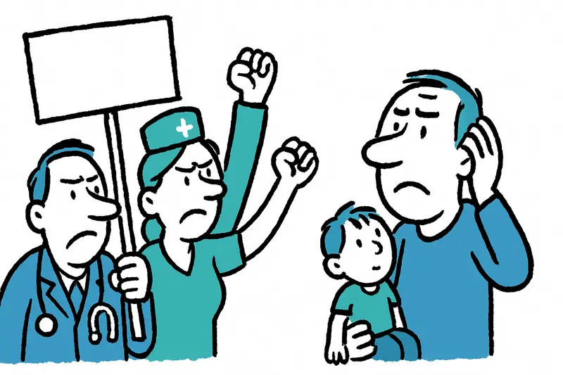 Streikende Haus- und Kinderärzte mit Plakaten vor einem Gesundheitszentrum auf Mallorca.