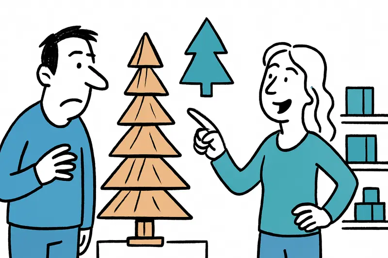 Compact wooden Christmas tree with adjustable branches displayed in a Palma shop hallway