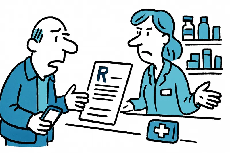 Apothekerin prüft E‑Rezept auf Tablet, wartende Kundin am Tresen im Hintergrund