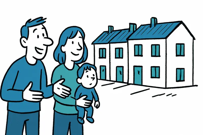 Sechs Reihenhäuser in Maria de la Salut mit Baustellengerüst während Sanierung für junge Familien.