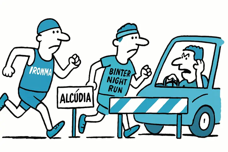 Atletas del Ironman y del Binter Night Run corren por una calle cerrada con vallas y agentes regulando el tráfico