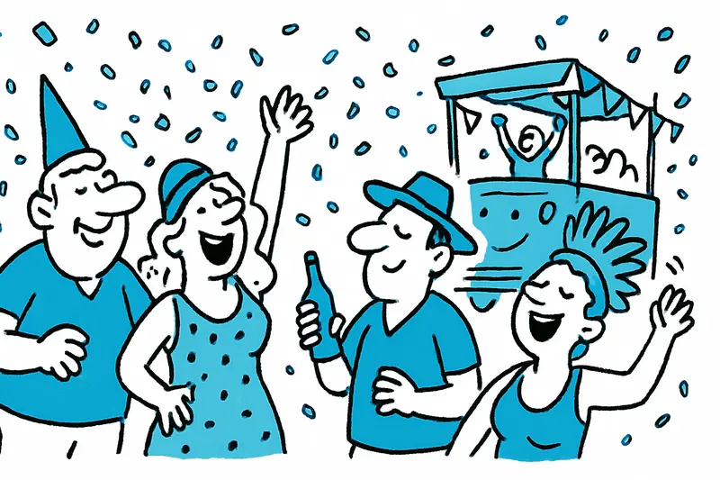 Bunte Karnevalsteilnehmer auf Palmas Ramblas mit Konfetti, Musik und Festwagen