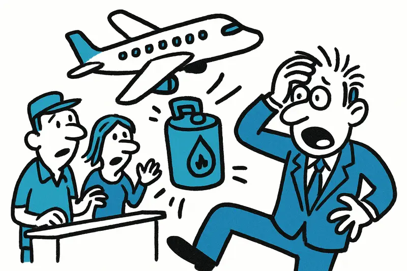 Avión comercial siendo repostado por camión cisterna en aeropuerto, simbolizando problemas de combustible y vuelos.