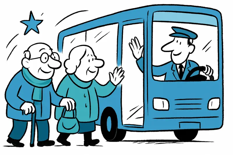 Red City Sightseeing bus in Palma lit by Christmas lights, carrying senior passengers