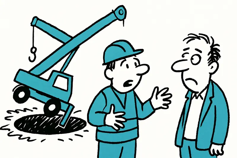 Mobile crane collapsed into a large sinkhole beside a Palma school, tilted with workers and tape at the scene.