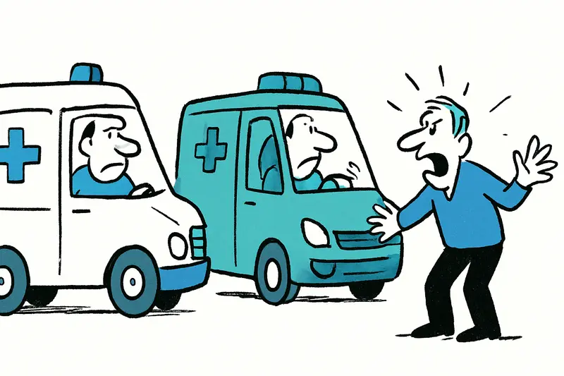 Rettungswagen vor Verwaltungsgebäude als Symbol für Streit um neue Fahrzeuge und C1-Führerscheine