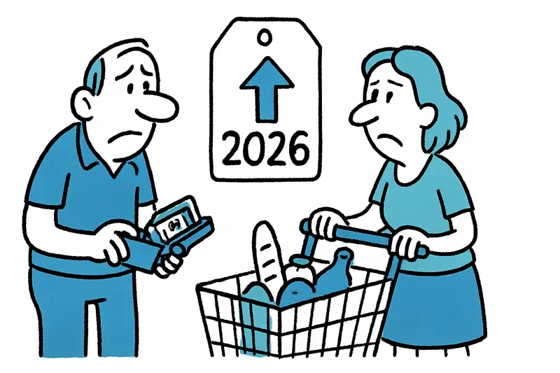 A local family checking a long grocery receipt at a supermarket checkout, illustrating rising everyday costs.