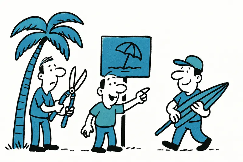 Arbeiter schneiden Palmen am Arenal-Strand neben neuen Info-Tafeln als Vorbereitung auf die Badesaison