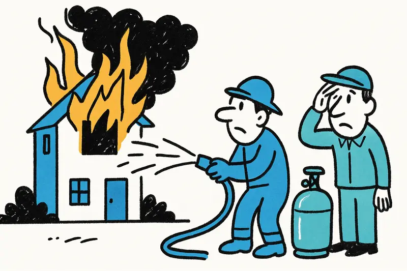 Luxury villa ablaze at Llucmajor at night; firefighters contain flames near a propane facility