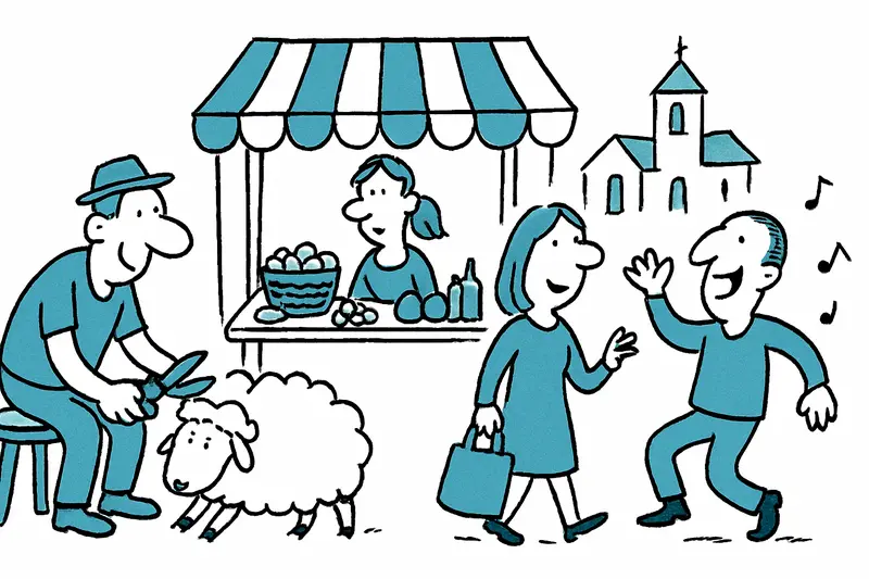 Sheep being sheared next to market stalls and visitors at the Maifest in Sencelles.