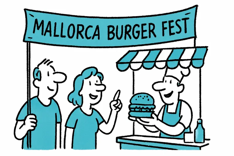 Logotipo y hamburguesa en cartel promocional del Mallorca Burger Fest con fechas y ambiente festivo en Palma.