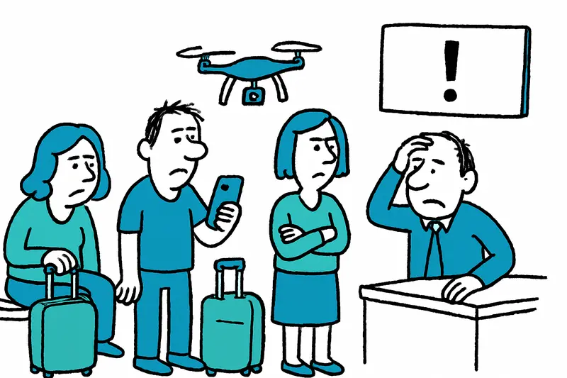 Passengers waiting at a BER gate during long delays caused by a drone sighting and technical issues