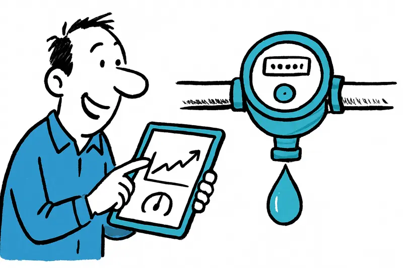 Digital water meter and smartphone displaying daily water use and leak alerts