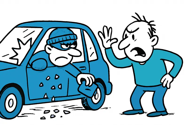Zerbrochene Autoscheibe und Glassplitter im Innenraum nach Fahrzeugaufbruch, Polizist im Hintergrund.