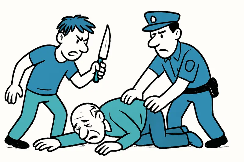 Polizeieinsatz vor Wohnhaus in Son Ferriol nach Messerangriff, Einsatzfahrzeuge und Absperrband.