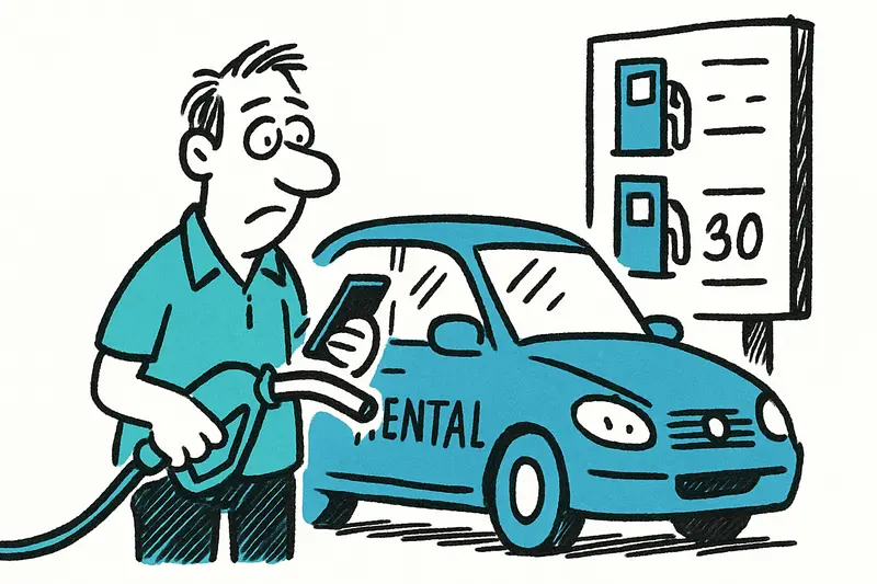 Coche de alquiler junto a surtidor y cartel con precios de gasolina en Mallorca que muestra la variación.