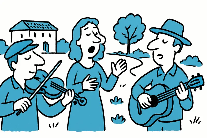 Musiker und Chor auf Landgut Raixa vor historischer Hausfassade und Garten