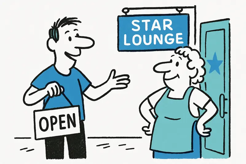 Mother and son standing inside the renovated 'Star Lounge' bar near Balneario 0, with new seating and bar sign.