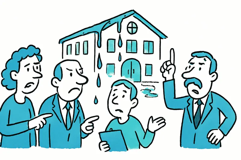 Buckets and water stains inside the new primary school in Caimari after heavy rain