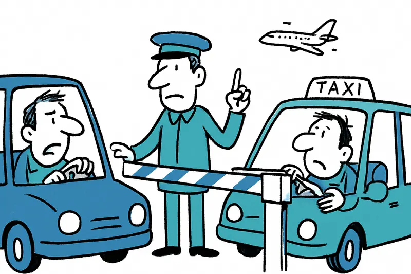 Cars queued at access barriers outside Palma de Mallorca airport terminal.